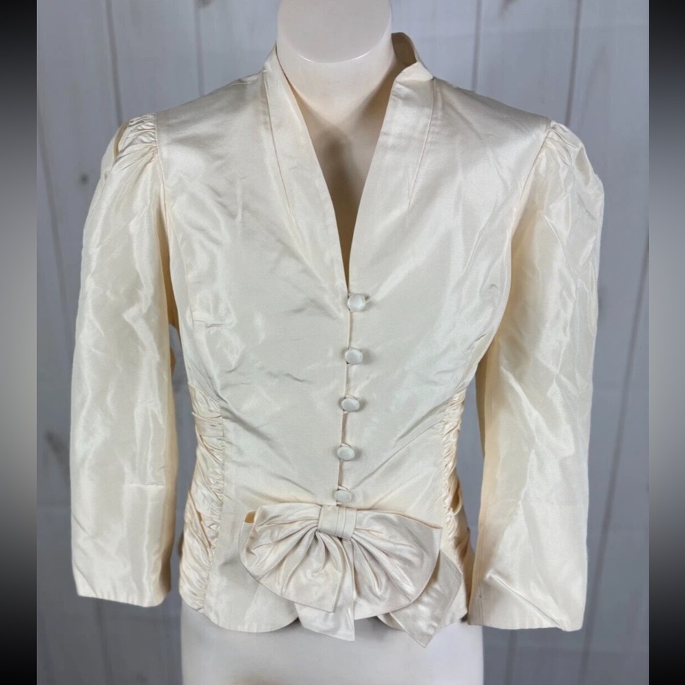 Rickie Freeman Teri Jon Ivory Silk Taffeta Ruched Bow 3/4 Slv Evening Jacket 14
